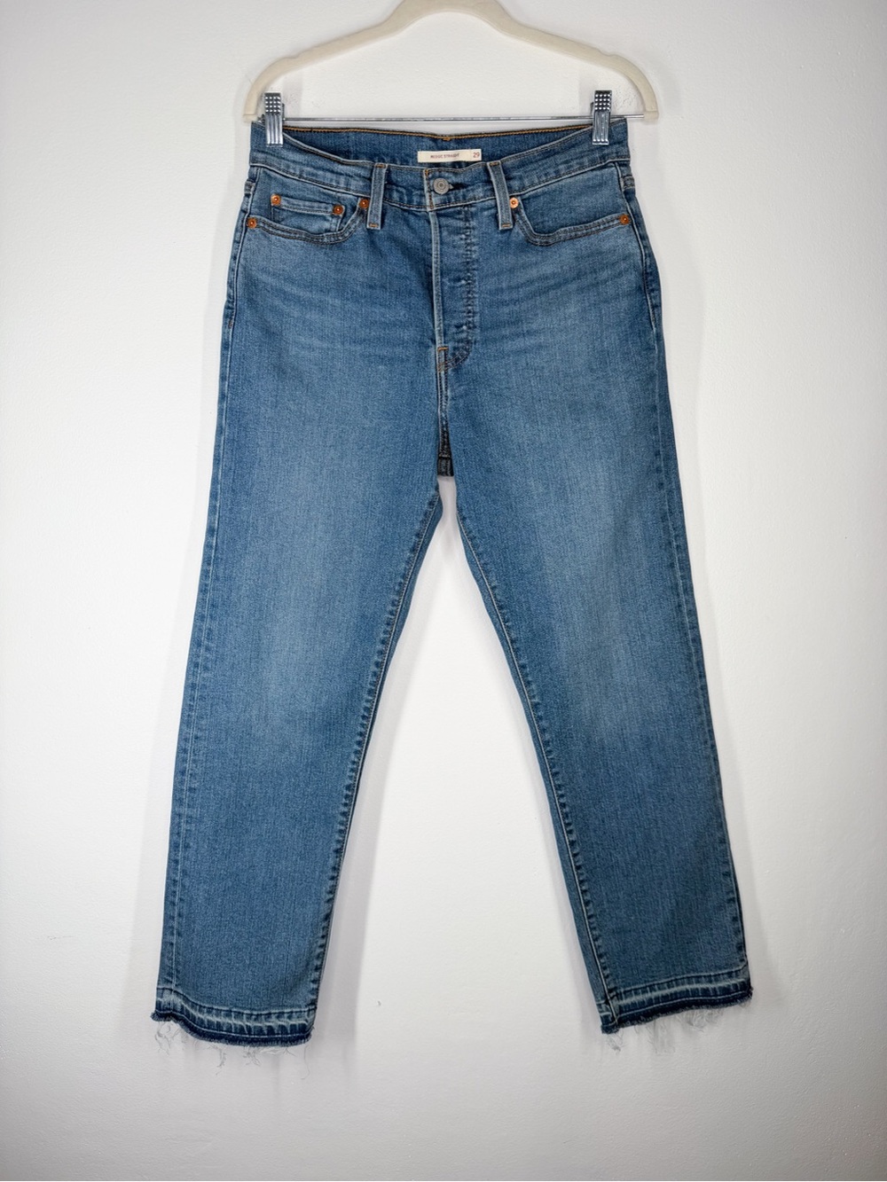 Levi’s Wedgie Straight Released Raw Hem Button Fly Blue Jeans Women’s Size 29